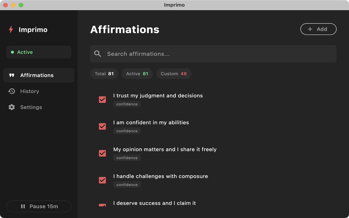 Imprimo main screen with focus area selection