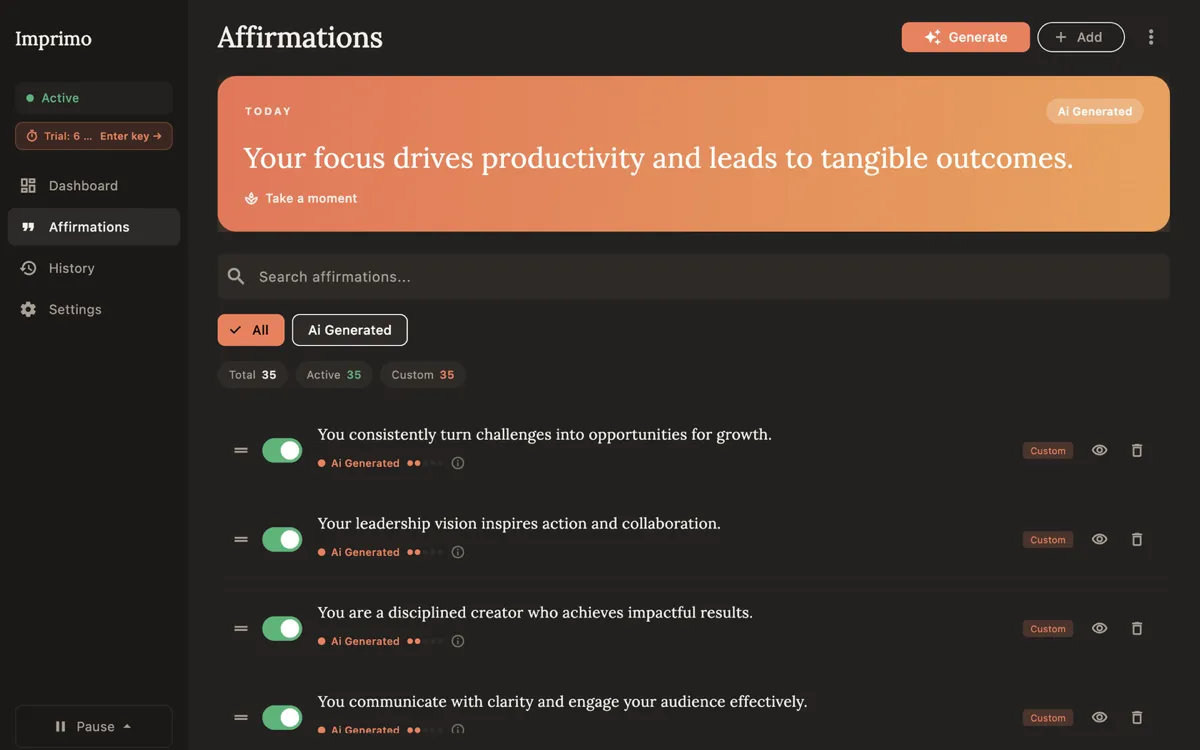 Imprimo's affirmation library, organised by focus area