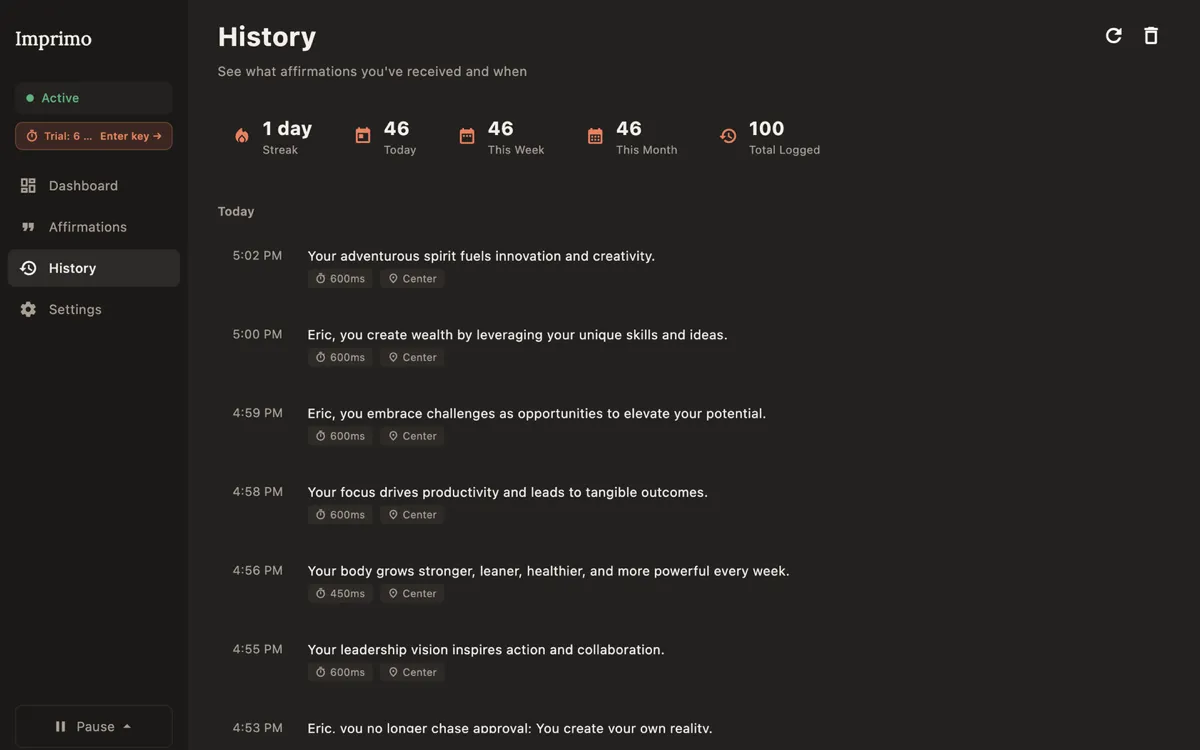 Imprimo history screen showing activity